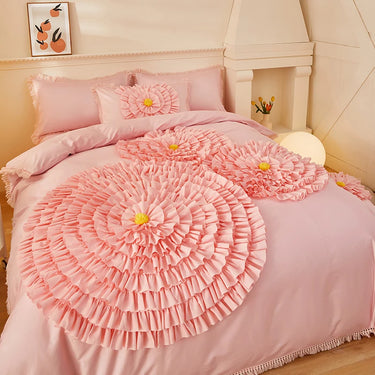 Pink White Korean Princess 1000TC Egyptian Cotton Handwork Flowers Embroidery Duvet Cover Bedding Set